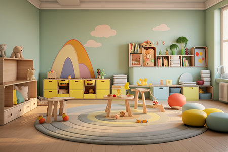 a childrenâs playroom with a pastel color scheme and a variety of toys and furniture. The room is decorated with a rainbow, clouds, and a bookshelf. The furniture includes a desk, a table and chairs, and storage unitsの素材