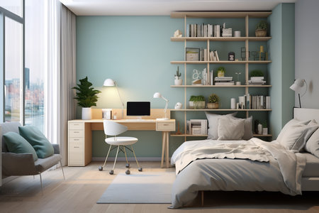 A modern bedroom with a desk, bookshelves, and a bed. The room is decorated in a minimalist style with a blue and white color scheme. The room has a large window with a view of the countryside.の素材