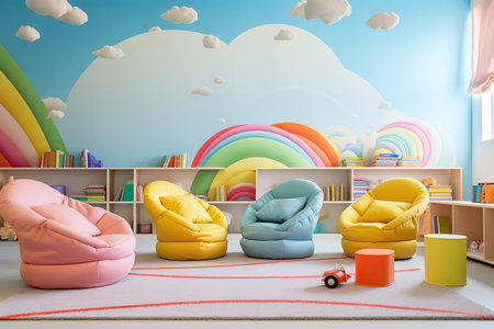 a colorful and playful childrenâs room with a unique and whimsical rainbow theme. The room has a mural of a rainbow and hot air balloons on the wall, a yellow sofa, a pink armchair, and blue ottomans.の素材
