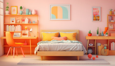 a modern bedroom features a coral-colored wall, a white desk, and a pink bed with colorful decorations. The room has a cozy and playful atmosphere with a variety of textures and patterns.の素材