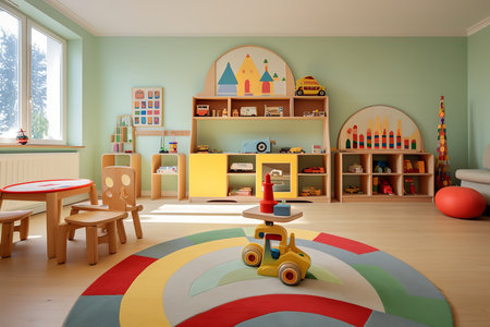 A modern and colorful childrenâs room with a pastel color scheme. The room has a unique and playful design with a variety of furniture and toysの素材