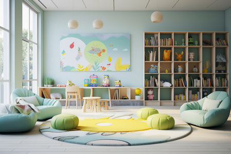 a modern childrenâs playroom with a playful and colorful design. The room is filled with toys, books, and furniture in pastel colors. The walls are painted in a light blue colorの素材