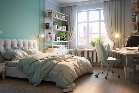 A modern bedroom with a white bed, desk, and bookshelf. The room has a blue accent wall and a large window with a view of the city. The room is decorated with plants and has a cozy feelの素材
