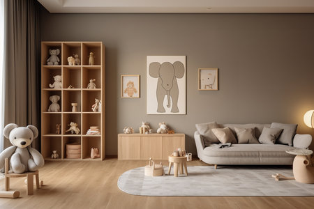 A modern living room with a beige color scheme. The room is decorated with various stuffed animals and toys, including a large teddy bear and an elephant poster.の素材