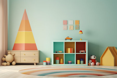 a childrenâs room with a pastel blue wall and a variety of toys and furniture. The room features a rainbow rug, a toy car, a teddy bear, a bookshelf, and a pyramid-shaped dresser.の素材
