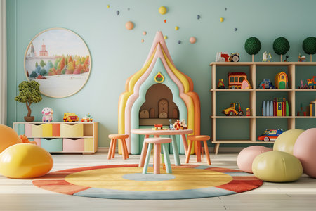 a childrenâs room with a playful and colorful pastel color scheme. The room features a whimsical house-shaped bookshelf, a round rug, and bean bag chairs.の素材