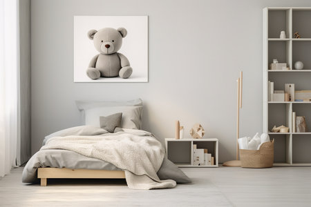 a modern and stylish bedroom with a wooden bed with blue bedding, a wooden ladder, and a blue wall with white geometric shapes. The room also has a blue and white polka dot ottoman and a blue and white star-shaped lamp.の素材
