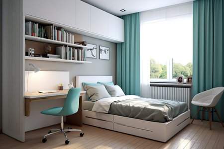a modern bedroom with a coral-colored wall, a white desk, a pink bed, and various colorful decorations. The room has a cozy and playful atmosphere, with a variety of textures and patterns.の素材