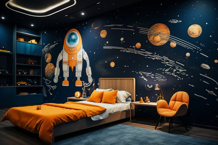 a modern and stylish bedroom design with a orange and blue color scheme. The room features a bed with storage, a desk, a bookshelf, and a chair. The room also has a large window with curtains, providing natural light.の素材