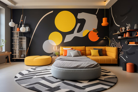 modern and stylish bedroom features a black accent wall with a large abstract mural in yellow and orange. The room is furnished with a gray circular bed, a yellow sofa, and a black and white striped rug.の素材