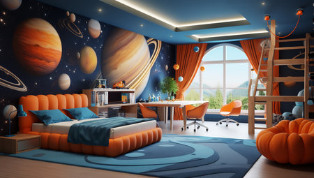 a childâs bedroom with a space theme. The room has a bed, desk, bookshelf, and a play area. The walls are decorated with planets and stars. The room has a large window with a view of trees and a blue sky. The color scheme is orange and blue.の素材