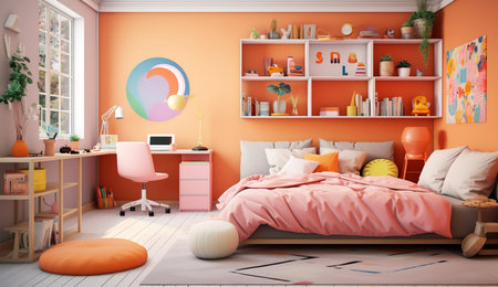 a modern bedroom with a coral-colored wall, a white desk, a pink bed, and various colorful decorations. The room has a cozy and playful atmosphere, with a variety of textures and patterns.の素材