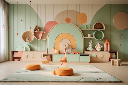 A modern and colorful childrenâs room with a pastel color scheme. The room has a unique and playful design with a variety of furniture and toys. The room is well-lit and has a cozy atmosphereの素材