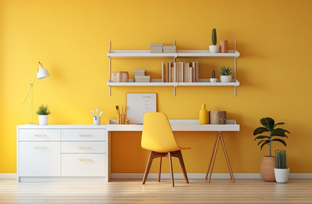 a modern home office with a yellow wall and white furniture. The room is decorated with plants, books, and other accessories. The desk has a white chair and a lamp. The shelves on the wall are filled with books and plants.の素材
