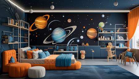a modern and stylish bedroom with a space theme. The room features a blue wall with planets and stars, a bunk bed, a bookshelf, and a desk.の素材