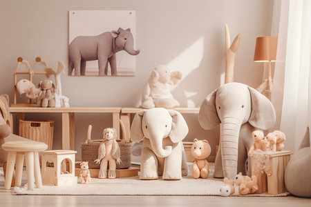 A nursery room with a beige color scheme filled with various elephant-themed stuffed animals, toys, and furniture. The room has a cozy atmosphere.の素材