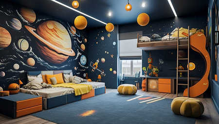 a modern childrenâs bedroom showcases a space-themed mural on the wall, depicting planets, stars, and a rocket ship. The room is decorated with predominantly orange and blue accents, and has a bunk bed, a desk, and a slide.の素材