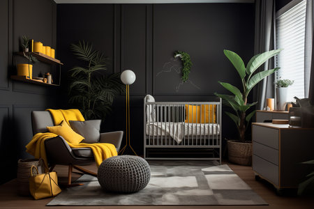 A modern nursery room with a black and yellow color scheme. The room features a crib, armchair, bookshelf, and various plants.の素材