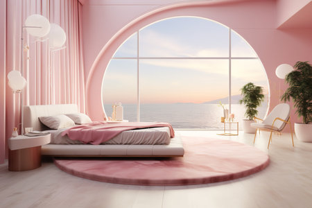 A modern bedroom with a pink color scheme, round bed, chair, and dresser. The walls are curved and the floor is made of marble. The room is filled with natural light from the large window. The window has a beautiful view of the ocean and mountains in the distance.の素材