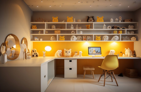 modern home office yellow wall white furniture animal sculptures figurines deer rabbits dogs computer lamp chair shelves books decorative itemsの素材