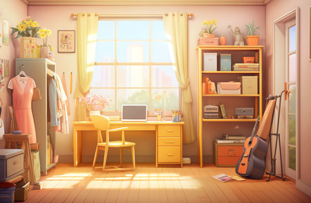 a cozy room with a desk, a guitar, a dress form, and a bookshelf filled with books and knick-knacks. The room is filled with natural light from a window and has a warm color palette.の素材