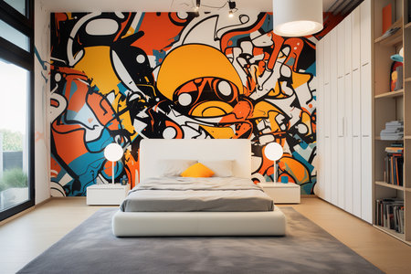 A modern bedroom with a colorful graffiti mural on the wall. The mural is a mix of orange, black, and white colors with abstract shapes and figures. The room is furnished with a white bed, white bookshelves, and a gray rugの素材