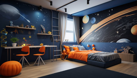 a modern bedroom showcases a space-themed mural on the wall, depicting planets and stars. The room is decorated with orange and blue accents, and has a bed, desk, and bookshelf.の素材