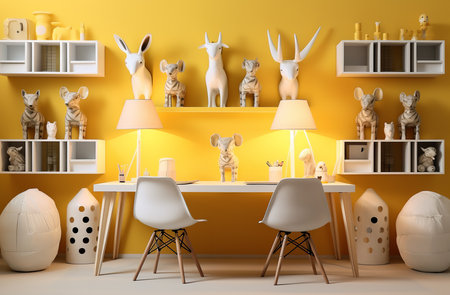 a modern home office with a white desk, yellow chair, and shelves filled with animal figurines, including cats, dogs, and bears. The room is well-lit and has a cozy atmosphere.の素材