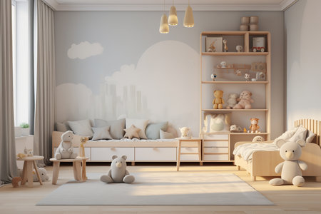 a modern childrenâs bedroom showcases a cityscape mural on the wall, wooden furniture, and plush toys scattered throughout the room. The color palette is neutral and the overall mood is cozy and inviting.の素材