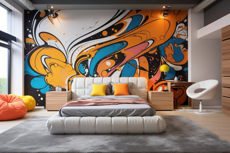 a modern bedroom with a colorful graffiti mural on the wall. The room is furnished with a white bed, white bookshelves, and a gray rug. The room has a large window with a view of trees outside.の素材