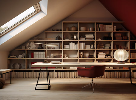 a modern and stylish home office with a red armchair, a black desk, and a bookshelf that covers the entire wall. The room is well-lit with natural light from the skylight and a spherical lamp.の素材