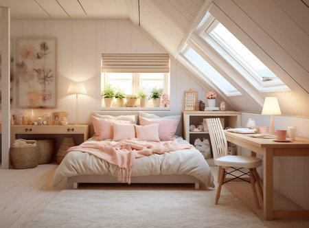 Modern bedroom with wooden bed, white dresser and mirror, large window overlooking garden, blue comforter and pillows, white walls, white rug, and plant on floor.の素材