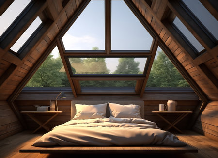 A cozy attic bedroom with a skylight and a view of trees. The bed is made and covered with a white blanket, and there are two pillows on the headboard.の素材