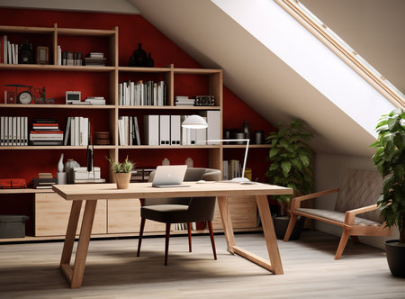 A cozy home office in an attic with a wooden desk, chair, and bookshelf. The desk has a white top and the chair has a black cushion. A window with a white frame lets in natural light.の素材
