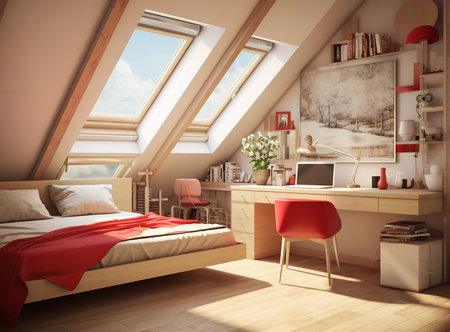 A bright and airy bedroom with a white bed, a desk, and a chair, with a view of the trees outside. The bed is made with white sheets and a gray blanket.の素材