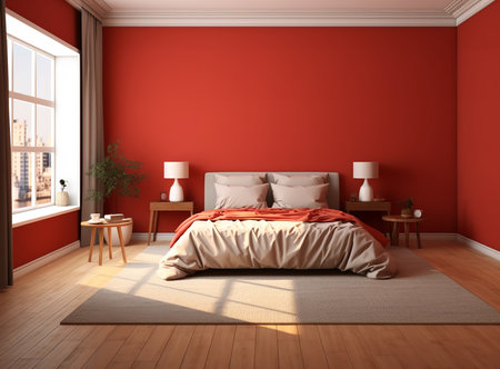 a modern bedroom with a red accent wall features a large window that provides a stunning view of the city. The bed has white and orange linens, and the room is decorated with a nightstand, lamps, and plants.の素材