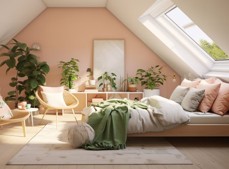 A cozy bedroom with a made bed, wooden chair with black cushion, and potted plants on the floor and nightstands. The bed has a blanket, and the room has white walls and a window with white curtains.の素材