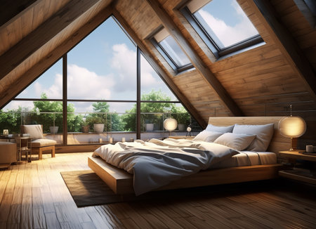 A cozy bedroom with a wooden bed, nightstands, dresser, and mirror. The bed has a white comforter and pillows, the nightstands have lamps and clocks, and the dresser has a lamp and a vase of flowers.の素材