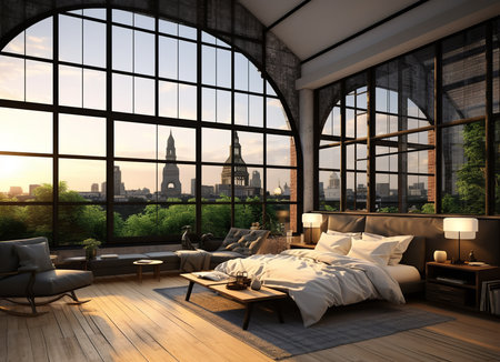 a modern bedroom with a large window overlooking a city skyline. The room is decorated with plants and has a neutral color scheme. The bed is made with white linens and there is a wooden nightstand next to it.の素材