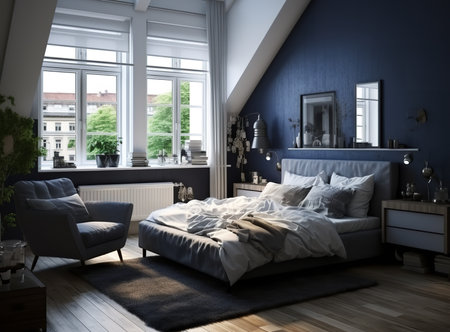 A cozy bedroom with a wooden bed, a chair, and a rug, illuminated by a window with light blue curtains. The bed is made with white sheets and a blue blanket.の素材