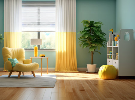 a modern living room with a yellow armchair, a white lamp, a green plant, a bookshelf, and a yellow pouf. The room has a blue wall and wooden flooring. The curtains are yellow and the window has white blindsの素材
