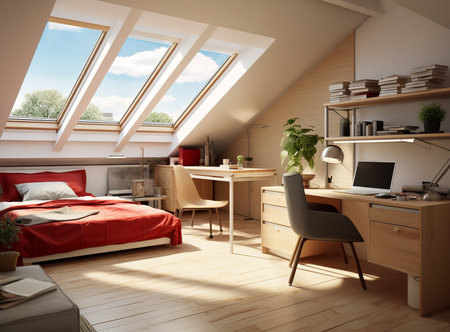 A cozy bedroom with a bed, a desk, and a shelf, decorated with fairy lights and plants. The bed is made with white sheets and a pink blanket. There is a pillow on the headboard and a lamp on either side.の素材