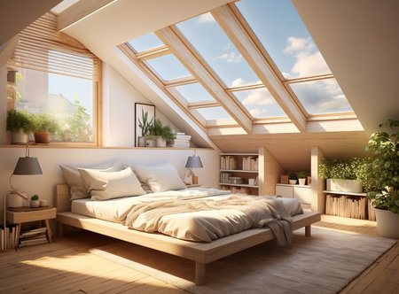 A cozy bedroom with a wooden bed, nightstand, and shelves. The bed is made and has a white blanket, the nightstand has a lamp and black clock, and the shelves have books and potted plants.の素材