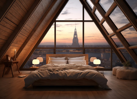 A cozy bedroom with a large window overlooking a city skyline at night. The bed is made and has a white comforter and pillows. There is a nightstand on each side of the bed with lamps and clocksの素材