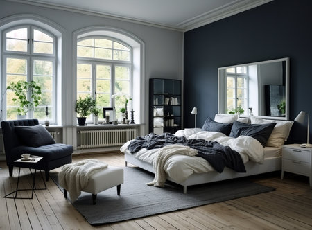 A bedroom with a simple and modern design. The walls are painted white and the floor is covered in light-colored wood.の素材