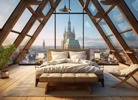 A cozy bedroom with a modern bed, white dresser and mirror, and a large window overlooking a city skyline. The bed has a blue comforter and pillows, the dresser has a lamp and a vase of flowersの素材
