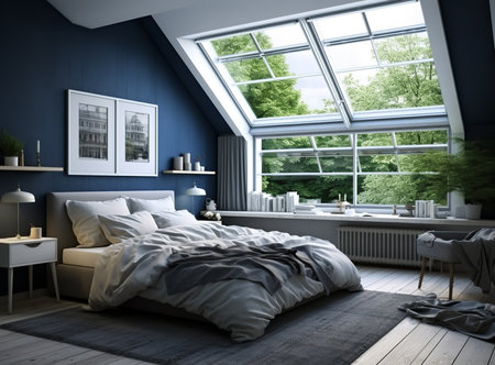 A simple and cozy bedroom with a double bed, a nightstand, and a window with light blue curtains. The bed is made with white sheets and a blue blanket.の素材