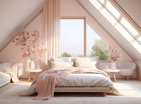 A cozy bedroom with pink walls, a white bed with a pink comforter and pillows, a white dresser and mirror, and a plant on the nightstand. The room has a white rug on the floor and a large windowの素材