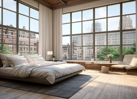 a modern bedroom with a large window overlooking a city skyline. The room is decorated with plants and has a neutral color scheme. The bed is made with white linens and there is a wooden nightstand next to it.の素材