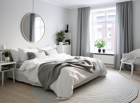 A modern bedroom with a white bed, a round mirror, and a gray rug. The bed is made with white sheets and a gray blanket.の素材
